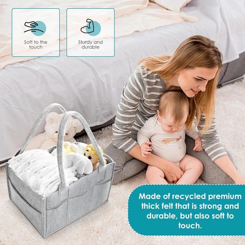 Cute Castle Diaper Caddy Organizer - Portable Nursery Storage Bin with Handle for Boys & Girls - Grey