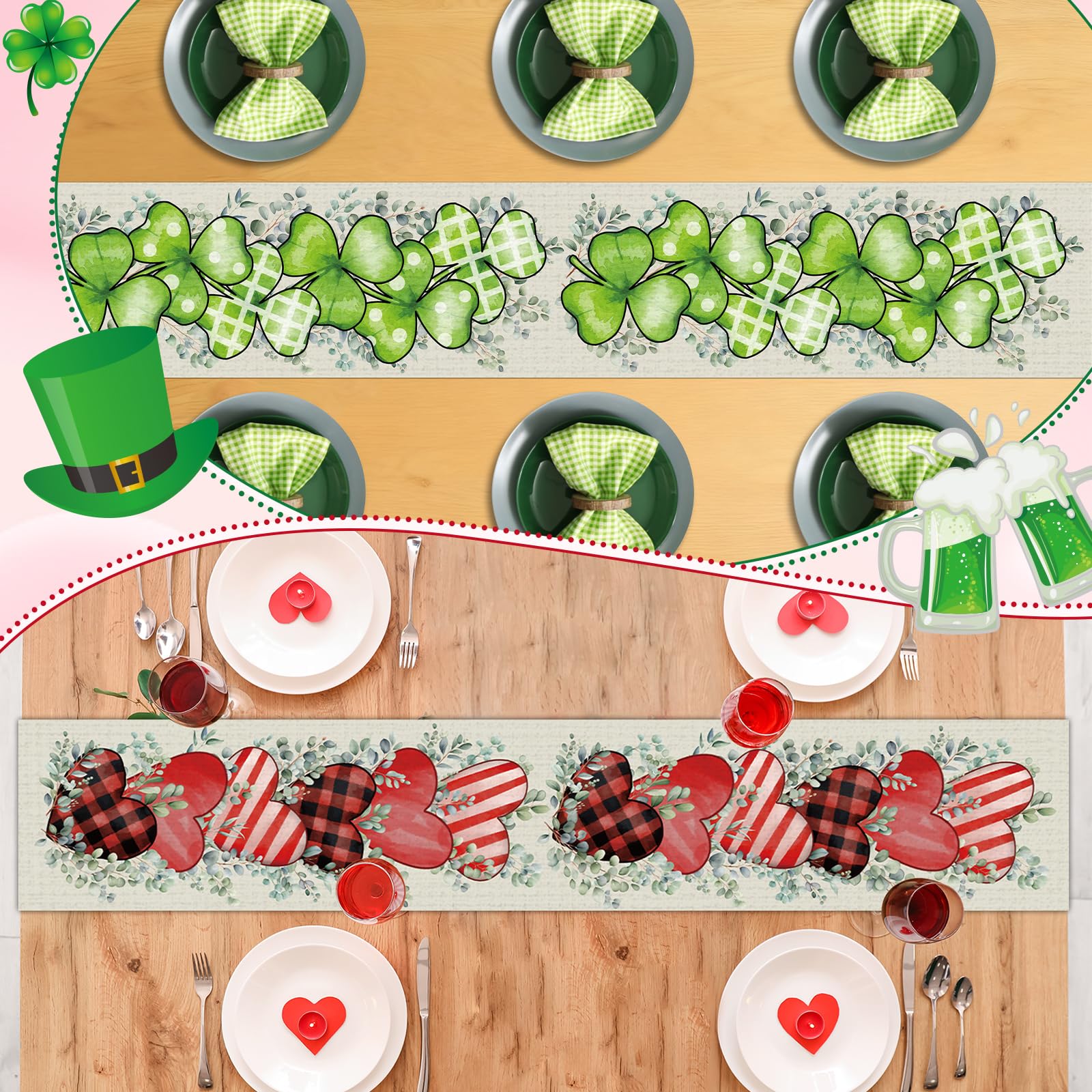 St. Patrick's Day Linen Table Runner Valentine's Day Table Runner Eucalyptus Hearts Lucky Shamrock Tables Decoration for Dinning Kitchen Home Party Decoration Supplies (13 x 72Inch)