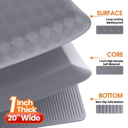 StepRite 1” Thick Kitchen Mats for Floor, Anti Fatigue Kitchen Rugs, Non-Slip,Heavy Duty Water Resistant Kitchen Rug, Standing Desk Mat for Friends, Family, Home, Kitchen, Office (32" x 20", Grey)