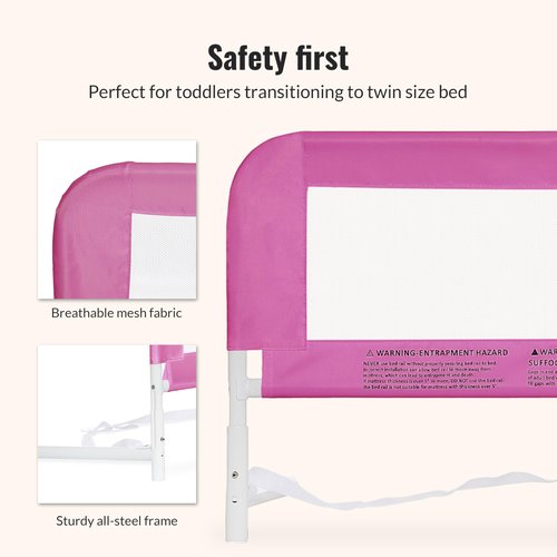 Dream On Me Mesh Security Bed Rail – Toddler Safety Guard with breathable mesh, reinforced anchor system, lightweight, portable, fits adult twin-size beds, Pink