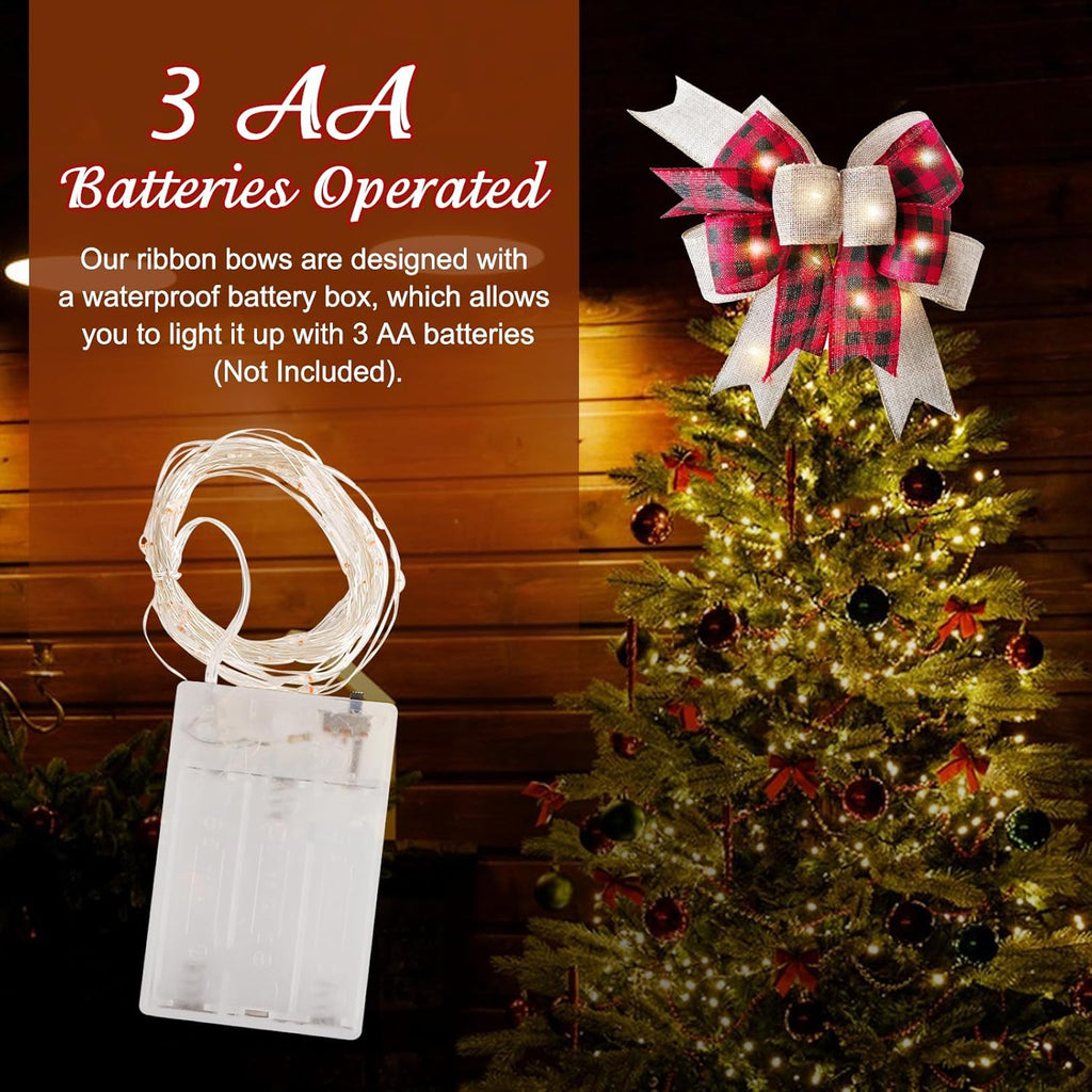 SIMISI Ribbon LED Christmas Bow - Rustic Buffalo Plaid Burlap with Lights | 9.5 x 13 Inch