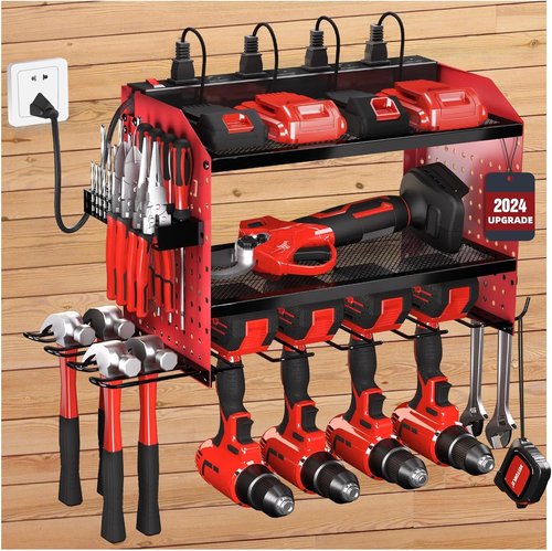 **Skiennix Power Tool Organizer - Heavy Duty Wall Mount Rack with Charging Station | 4 Drill Holders, Red**