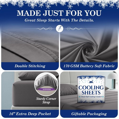 SLEEPHORIA Cooling Sheets - BreezeWeave 4 PC Queen Size Cooling Bed Sheets for Hot Sleepers & Deep, Cool Rest - Cloud Soft, Silky Smooth, 16 in Deep Pocket, Ultra Durable (Graphite)