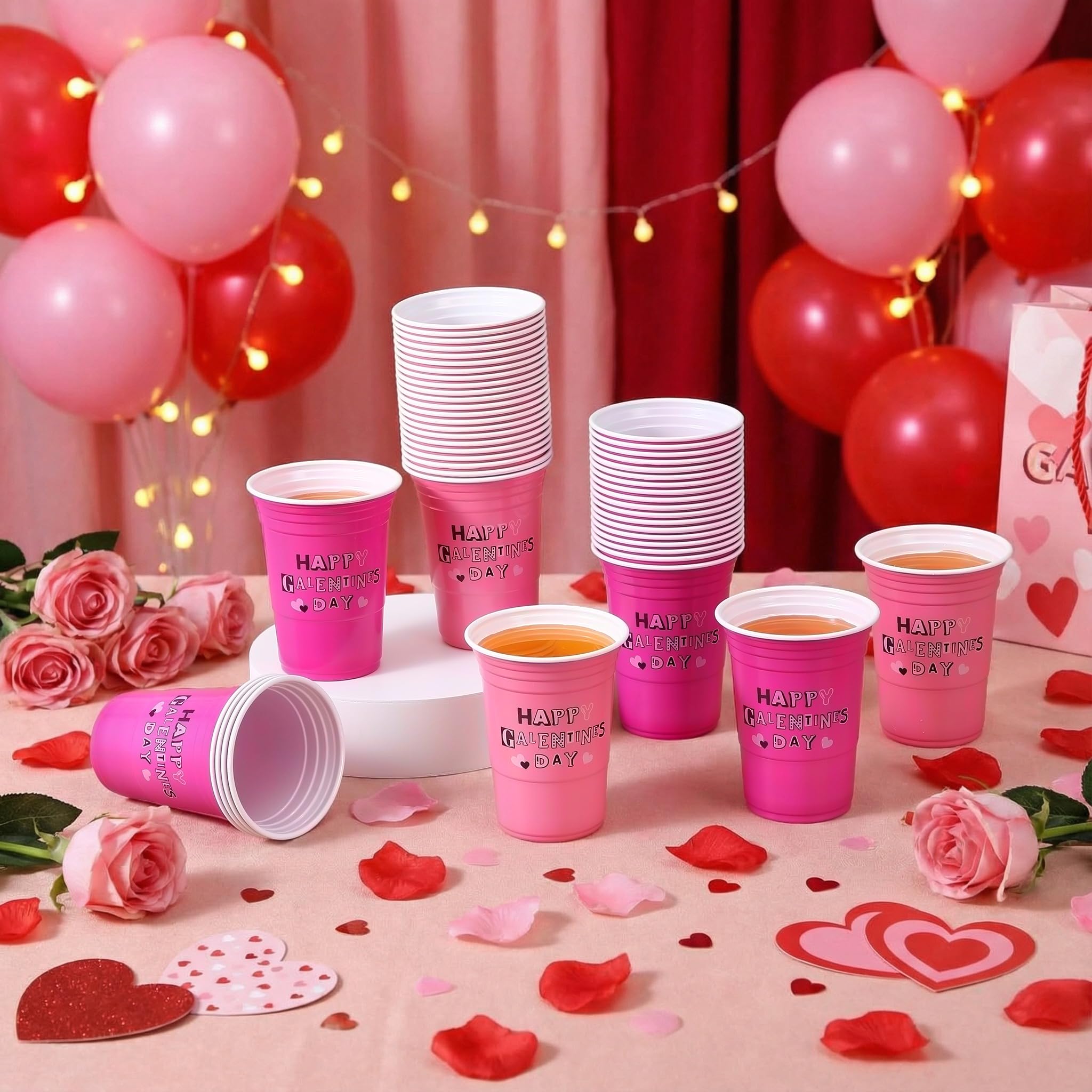 Yungyan 50 Pcs Galentines Day Plastic Cups Galentine's Day Gifts Party Favors 16 oz Reusable Pink and Hot Pink Heart Tumblers Bulk for Women Girl Lady Friend Cold Drink Party Favor Decoration
