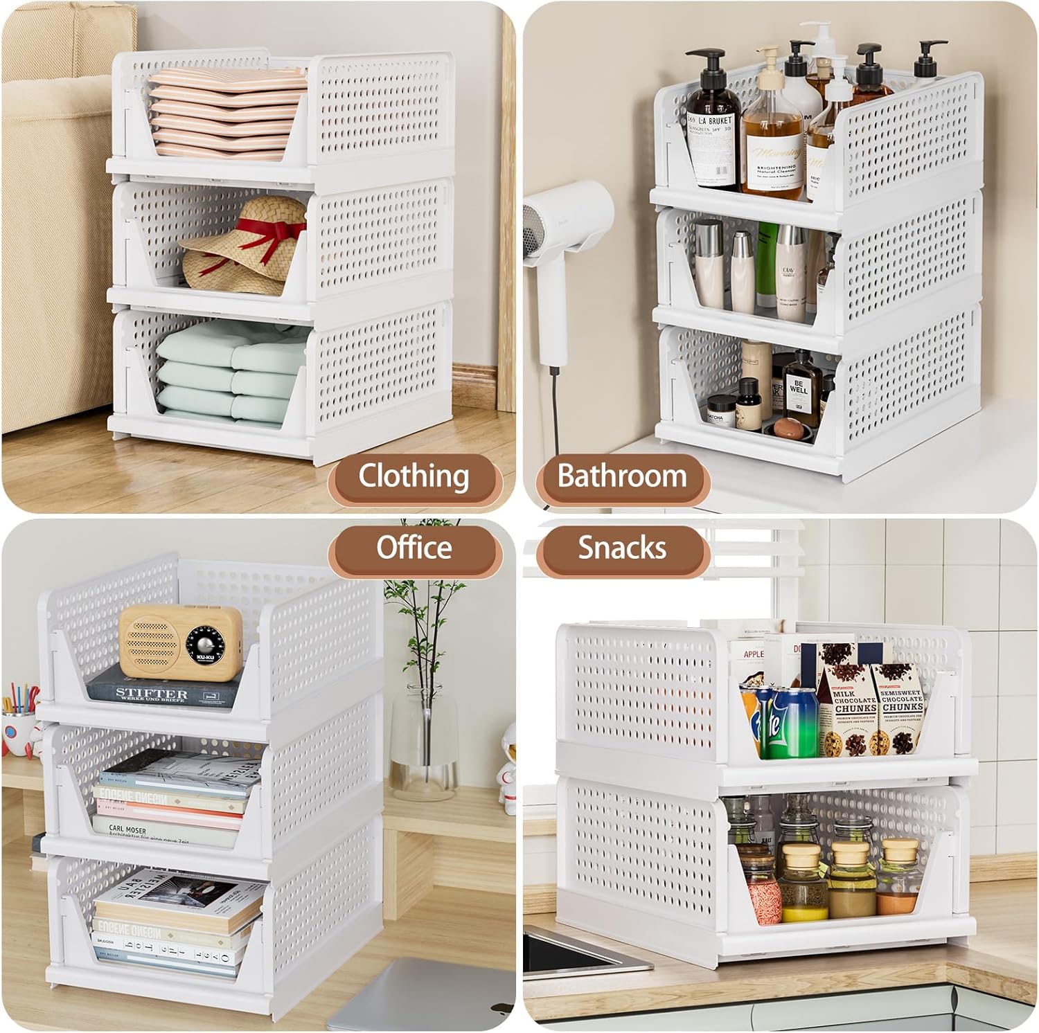 Skiennix Wardrobe Storage Organiser - 5 Pack Stackable Folding Closet Bins | Plastic Drawer Baskets in White