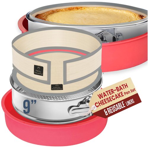 PETÍTS DESSERTS Cheese Cake Pans for Baking - NON TOXIC 9 Inch Spring Form Pan for Cheesecake with LEAKPROOF SILICONE PROTECTOR - STAINLESS STEEL 9 Inch Springform Pan for Cheesecake WATER BATH