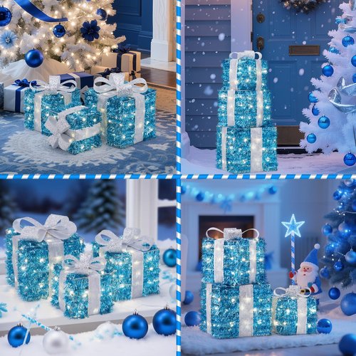 Blue Christmas Decorations, 140 LEDs Set of 3 Lighted Gift Boxes with 8 Modes, Bows, Timer, Warm White Present Boxes for Indoor Outdoor Holiday Party Yard Bedroom Home Xmas Decor