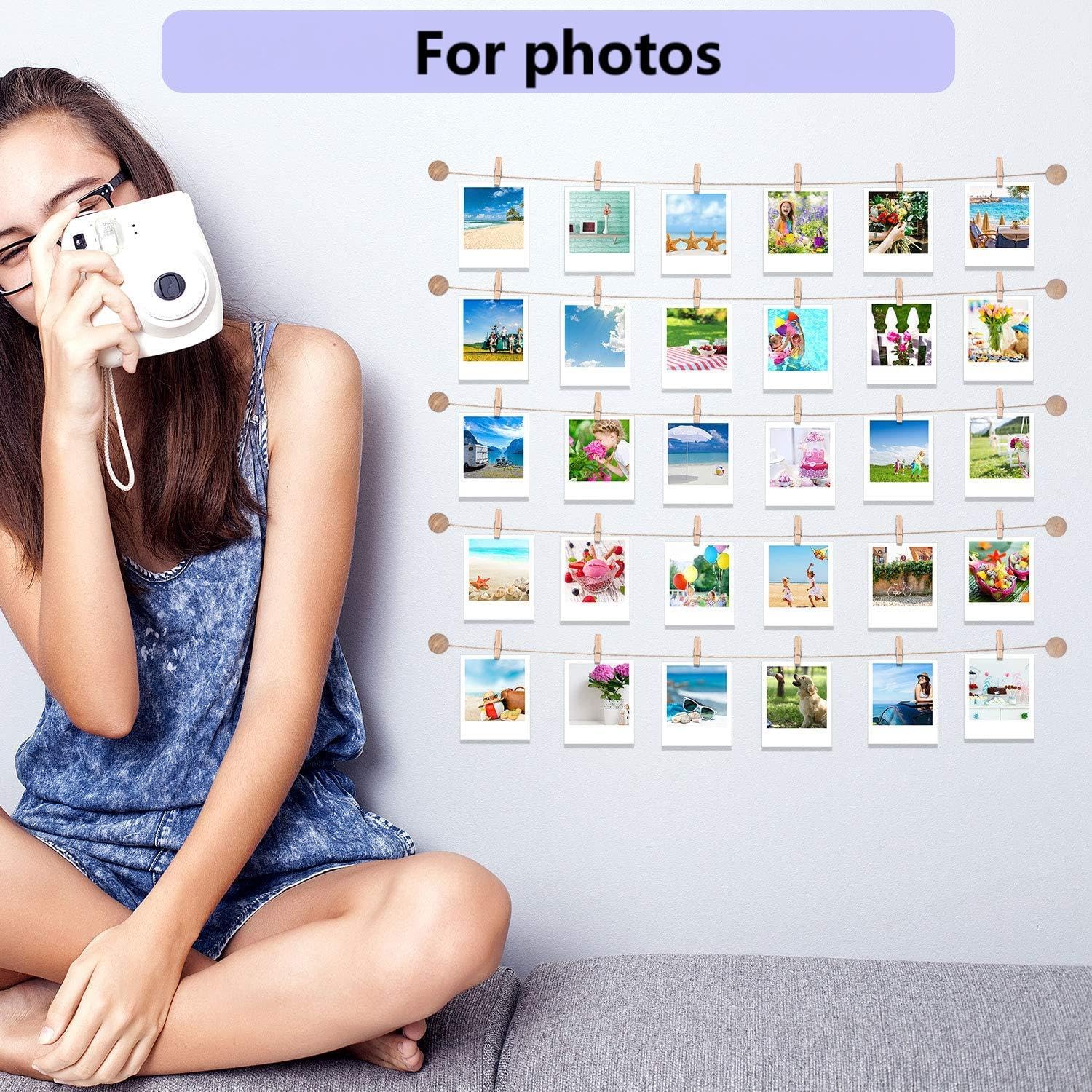 Mudder Photo Display String - 50 Clip Boho Wooden Wall Decor for Dorm Room & Teen Bedroom