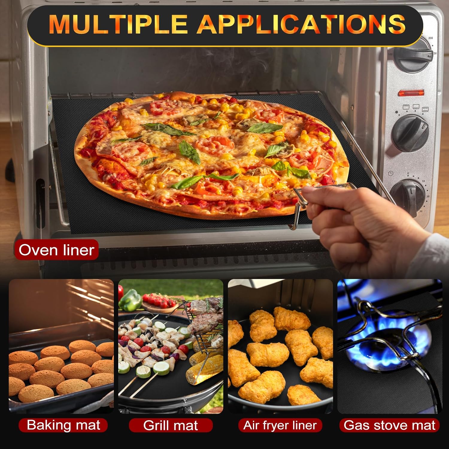 Skiennix Oven Liners - Heavy Duty Non-Stick Reusable Mats | 17"x25" BPA/PFOA Free for All Ovens (Black)