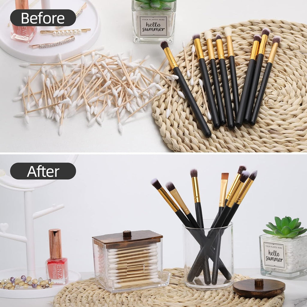 Tbestmax Cotton Ball & Swab Holder - Stylish Brown Wood Lid Apothecary Organizer Jar | 10/7 OZ, Set of 2