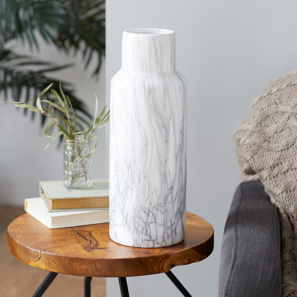 Deco 79 Ceramic Decorative Vase Faux Marble Centerpiece Vase, Flower Vase for Home Decoration 6" x 6" x 15", White