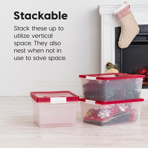 IRIS USA 12 Qt. Plastic Storage Bins - Stackable Organizing Containers with Lids | Clear/Red, 4 Pack