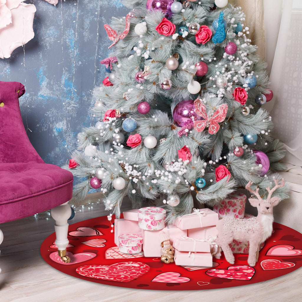 Realspring Valentine's Day Heart Tree Skirt 48 Inch Pink Heart Tree Mat Decor Red Love Skirt Carpet Romantic Love Decoration for Valentine Party Indoor Outdoor Home Office Decoration
