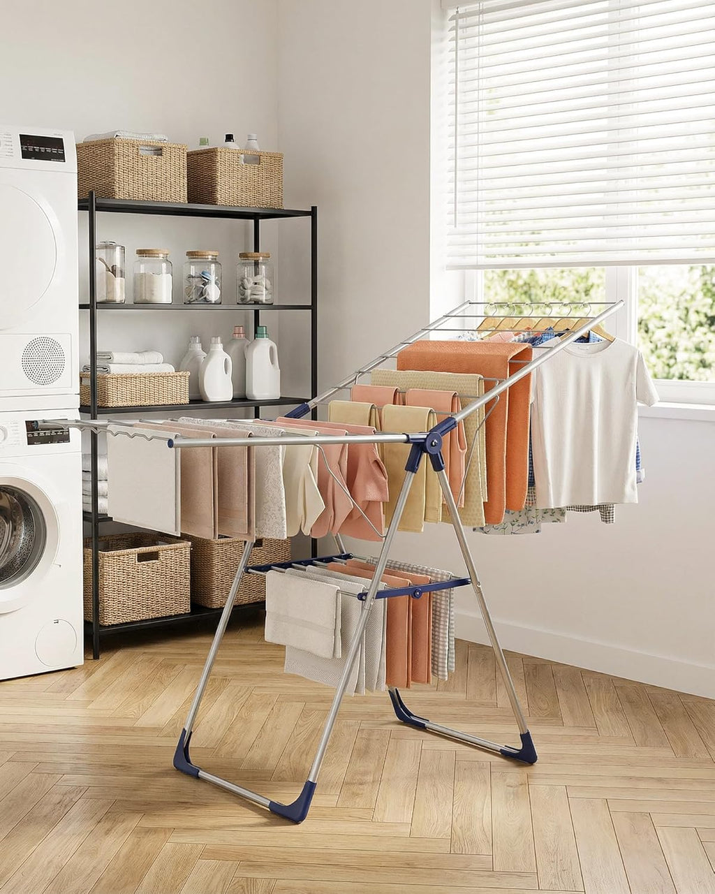 Sakugi Clothes Drying Rack - Height-Adjustable Metal Laundry Stand for Indoor & Outdoor Use | 55.5" L × 22.8" W, Silver Blue