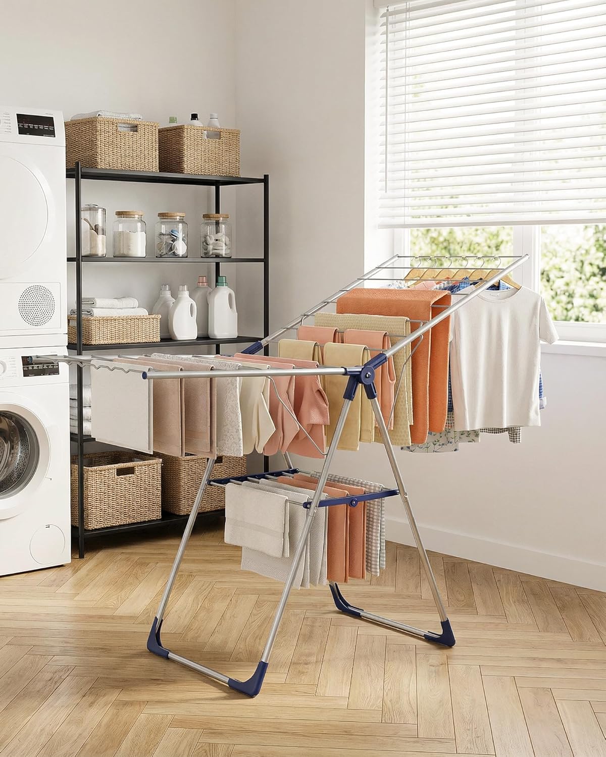 Sakugi Clothes Drying Rack - Height-Adjustable Metal Laundry Stand for Indoor & Outdoor Use | 55.5" L × 22.8" W, Silver Blue