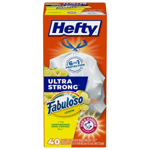 Hefty Ultra Strong 13 Gallon Trash Bags, Tall Kitchen Trash Bags 13 Gallon Size, Resist Leaks, Punctures, and Rips, Continuous Odor Control, White, Fabuloso Lemon Scent, 40 Bags