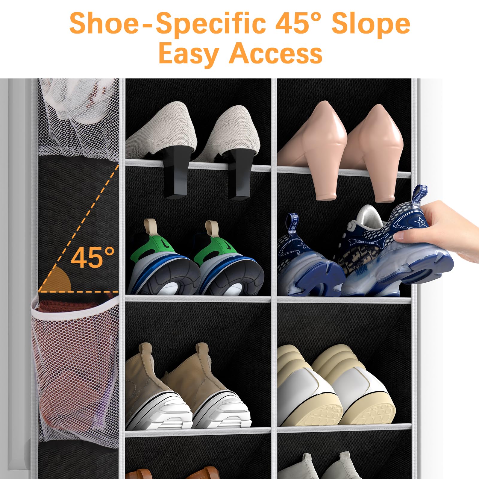 Yecaye 8 Tier Over the Door Shoe Organizer of Deep 16 Compartments, 50lbs Load Shoe Rack for Door in Oxford Holds 16-24 Pairs, Stain-Resistant Hanging Shoe Organizer for Closet, Black