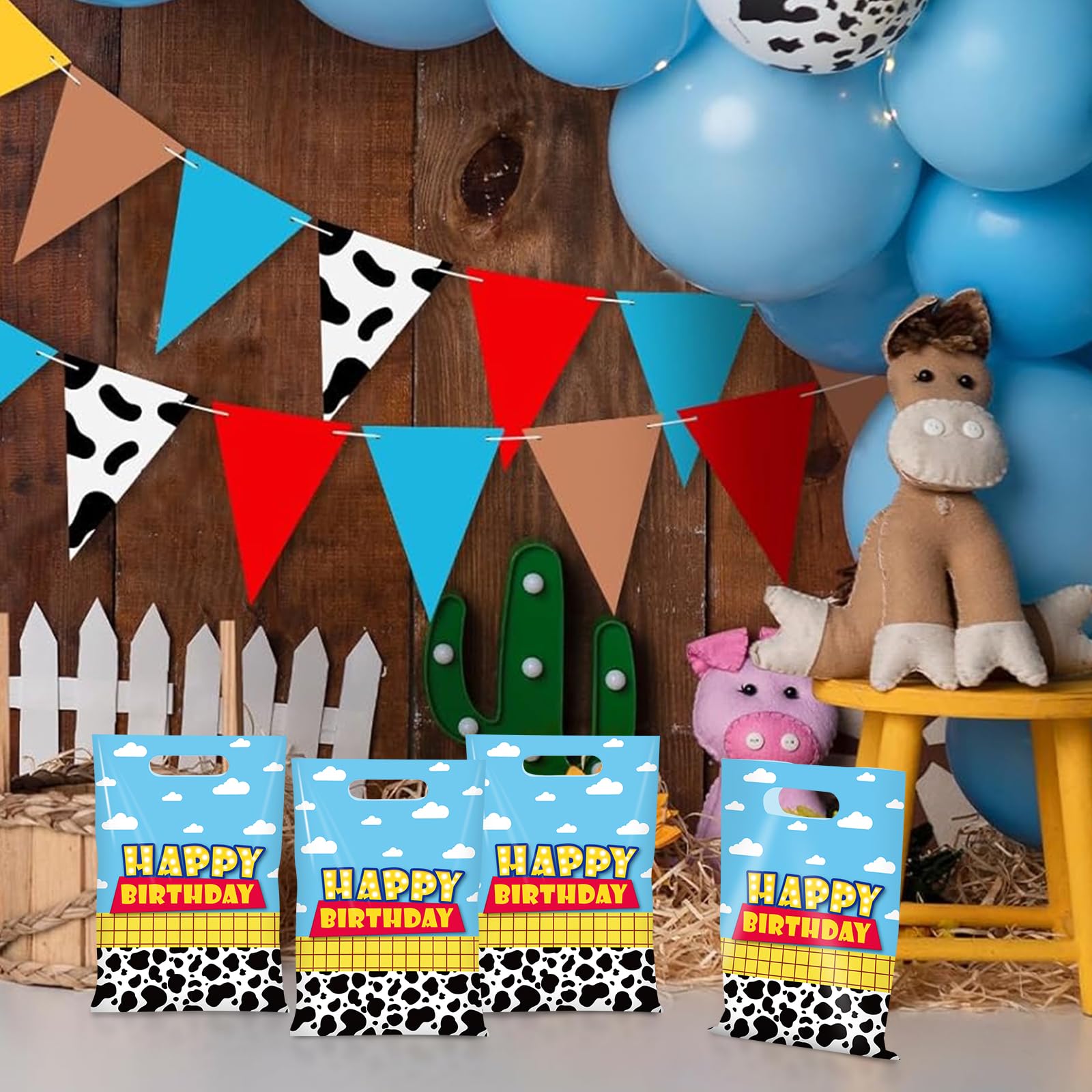 Ragnhild 50 Pcs Cartoon Story Birthday Party Favor Bags, Cow Pattern Goodie Treat Bags Party Supplies, Blue Sky White Cloud Plastic Candy Gift Bag with Handle for Kids Birthday Decorations