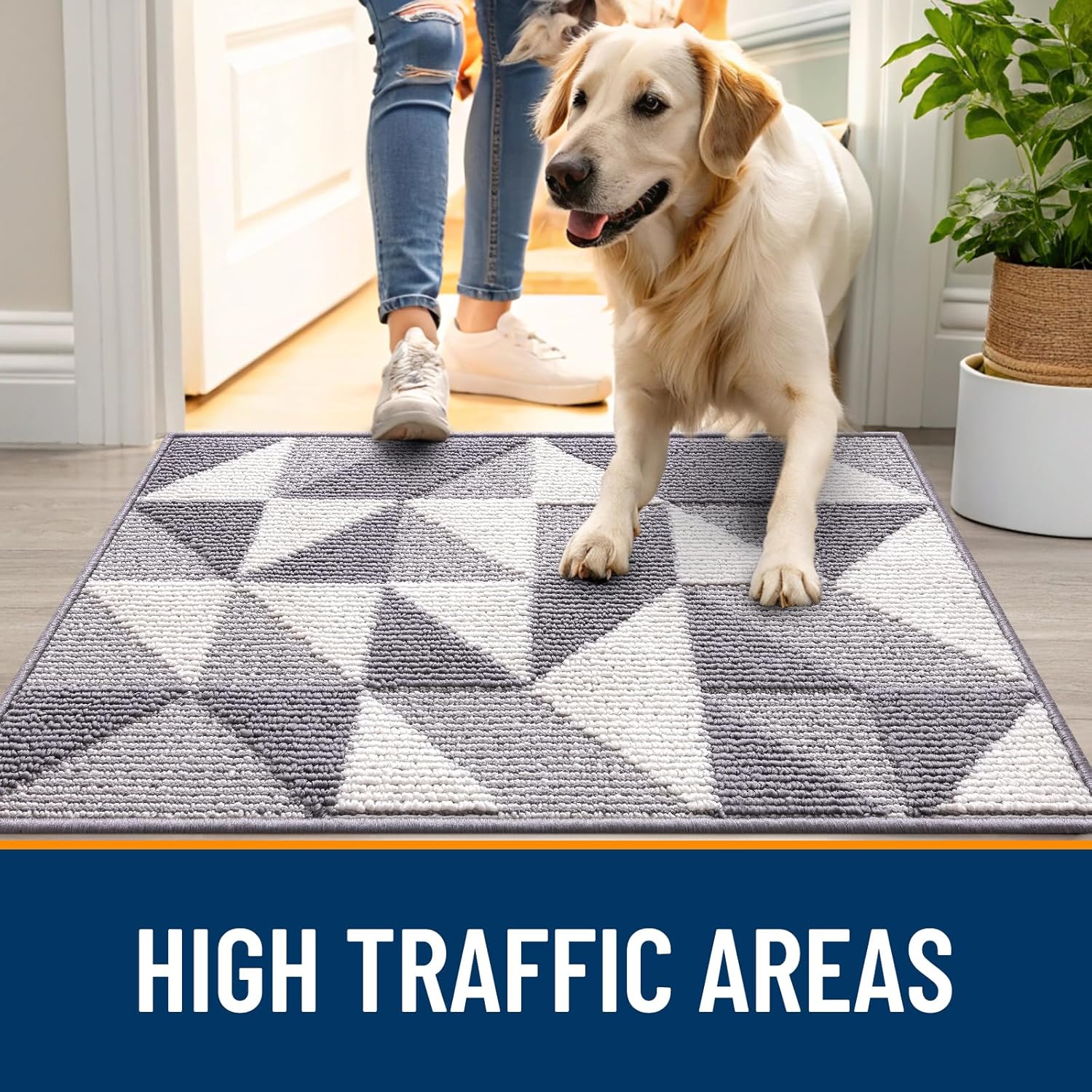OLANLY Indoor Door Mat - Washable, Odor-Free, Low-Profile Geometric Design | 32x20 Grey Entryway Carpet