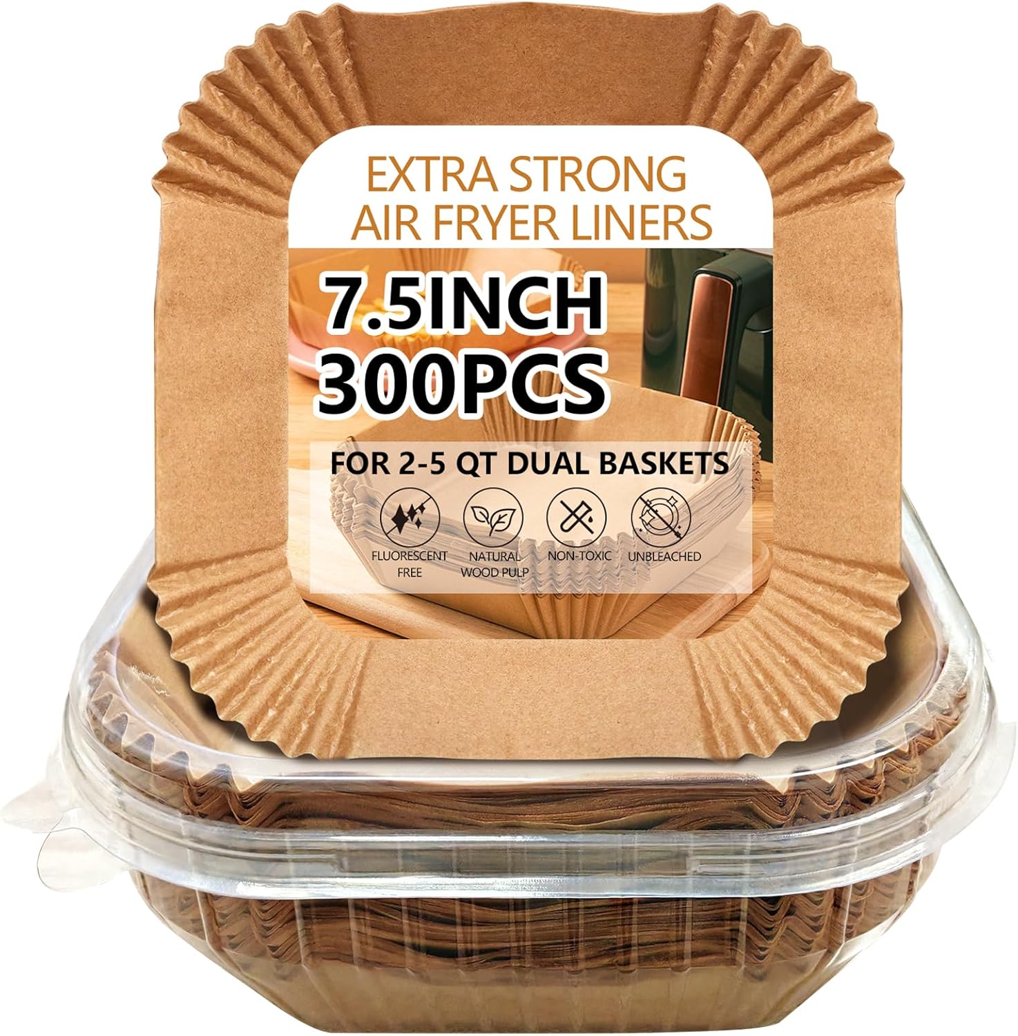 UBeesize Air Fryer Paper Liners - 300 PCS Non-Stick Parchment Sheets | 7.5 Inch Square, Bleach-Free