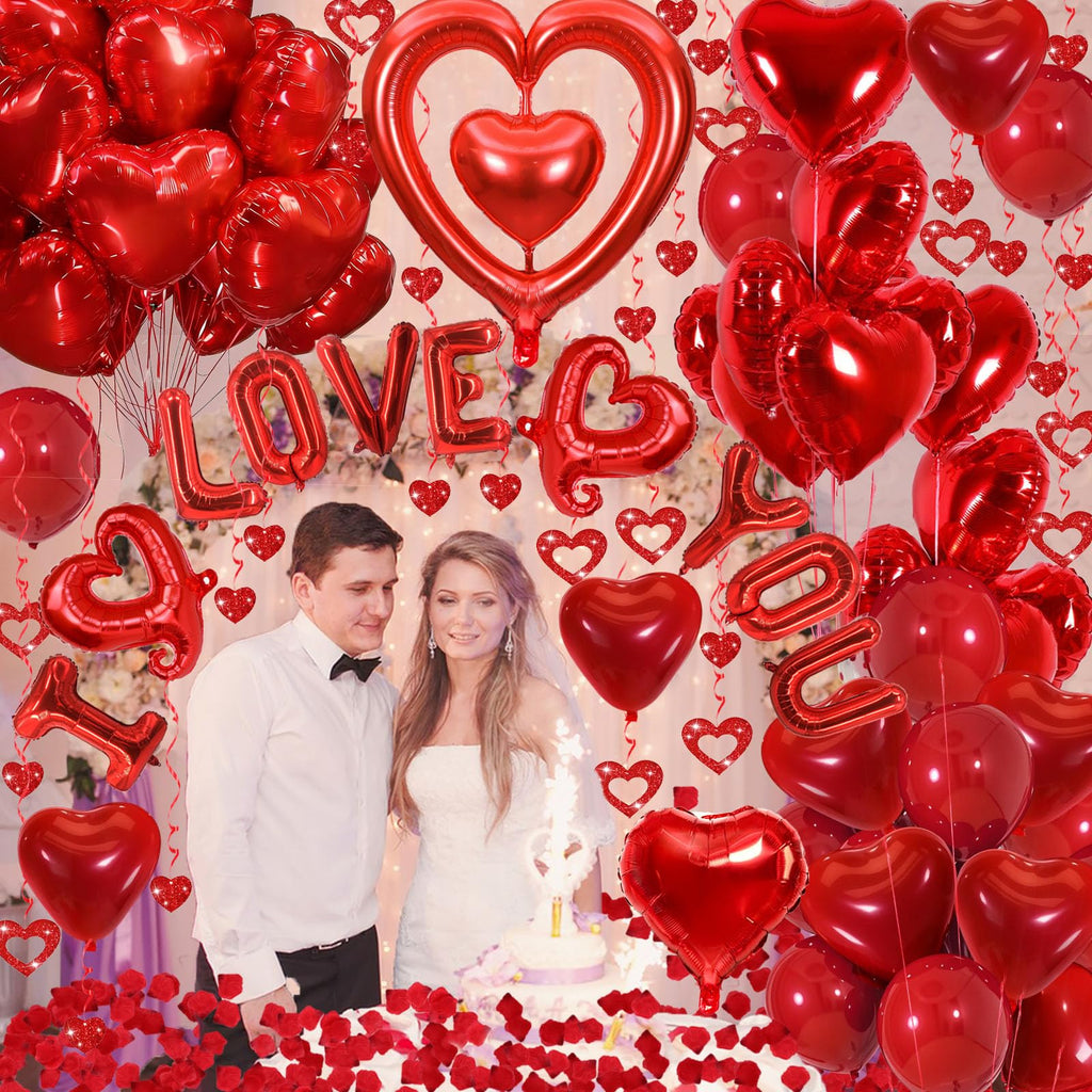 Valentines Day Decorations with Red I Love You Balloons and Fake Rose Petals for Wedding Bachelorette Party, Red Heart Balloons and Love Balloon for Anniversary Romantic Decorations