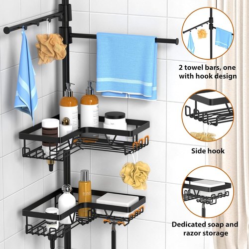 KEGII Black Shower Caddy - Adjustable Tension Pole Organizer with 2 Towel Bars | Rustproof Bathroom Storage, 25–114.2 Inch