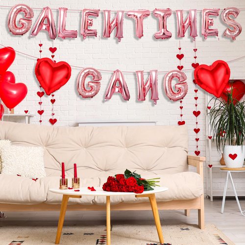Happy Galentines Day Balloons Decorations, 16 Inch Red Pink GALENTINES GANG Banner Heart Shape Foil Balloons for Girls Birthday Engagement Party Valentines Day Decorations