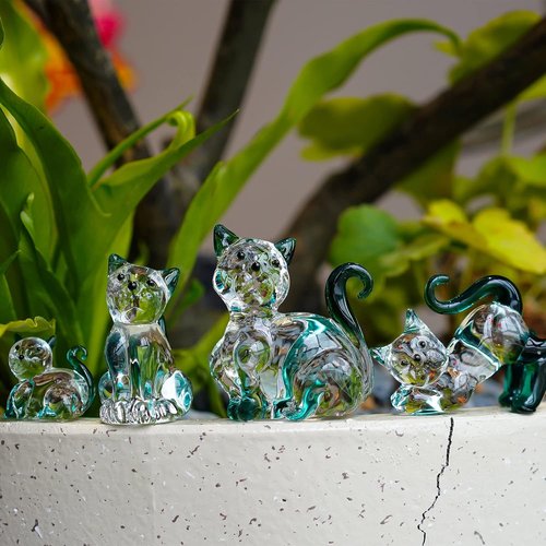 HDCRYSTALGIFTS Blown Glass Cat Figurines - 4-Pack Emerald Green Crystal Kittens for Home Decor & Gifts