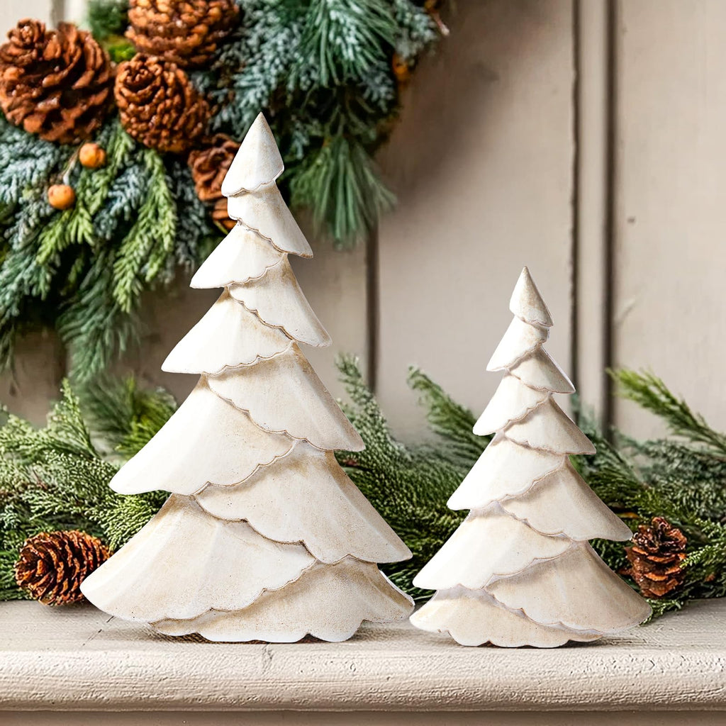 RM ROOMERS Wooden Christmas Tree Figurine Set of 2, White Tree Figurines, Decorative Trees for Tabletop, Distressed Decoration Trees for Desk, Mantel, Entryway, Winter, Holiday Centerpieces