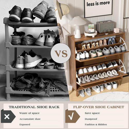 Fsbecl Shoe Storage Cabinet - Narrow Wood Organizer with 2 Flip Drawers | Fluted Panel Design in Walnut