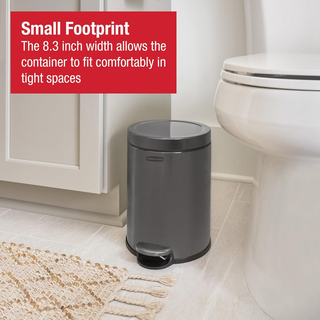 Rubbermaid Stainless Steel Round Step-On Trash Can - 1.6-Gallon Charcoal Wastebasket with Lid for Home & Office