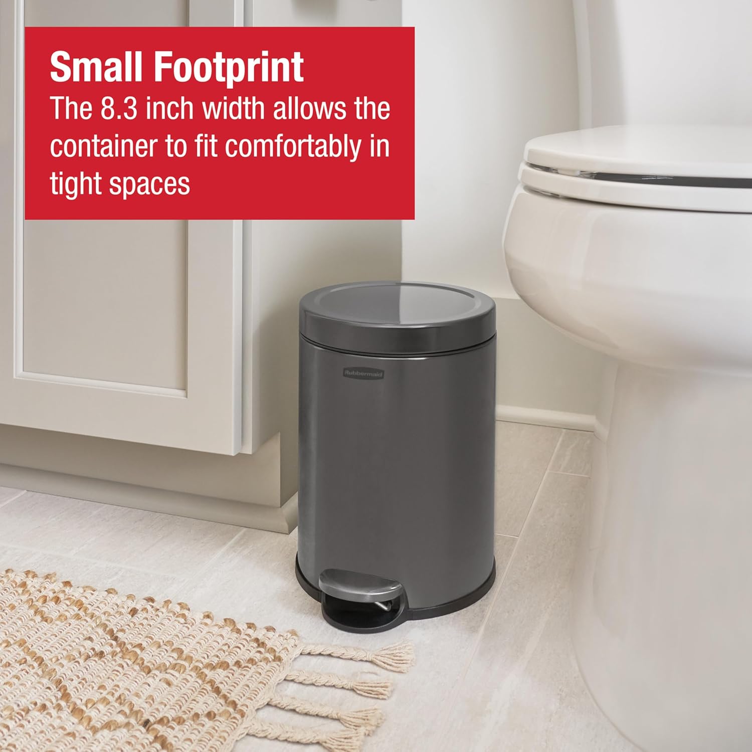 Rubbermaid Stainless Steel Round Step-On Trash Can - 1.6-Gallon Charcoal Wastebasket with Lid for Home & Office