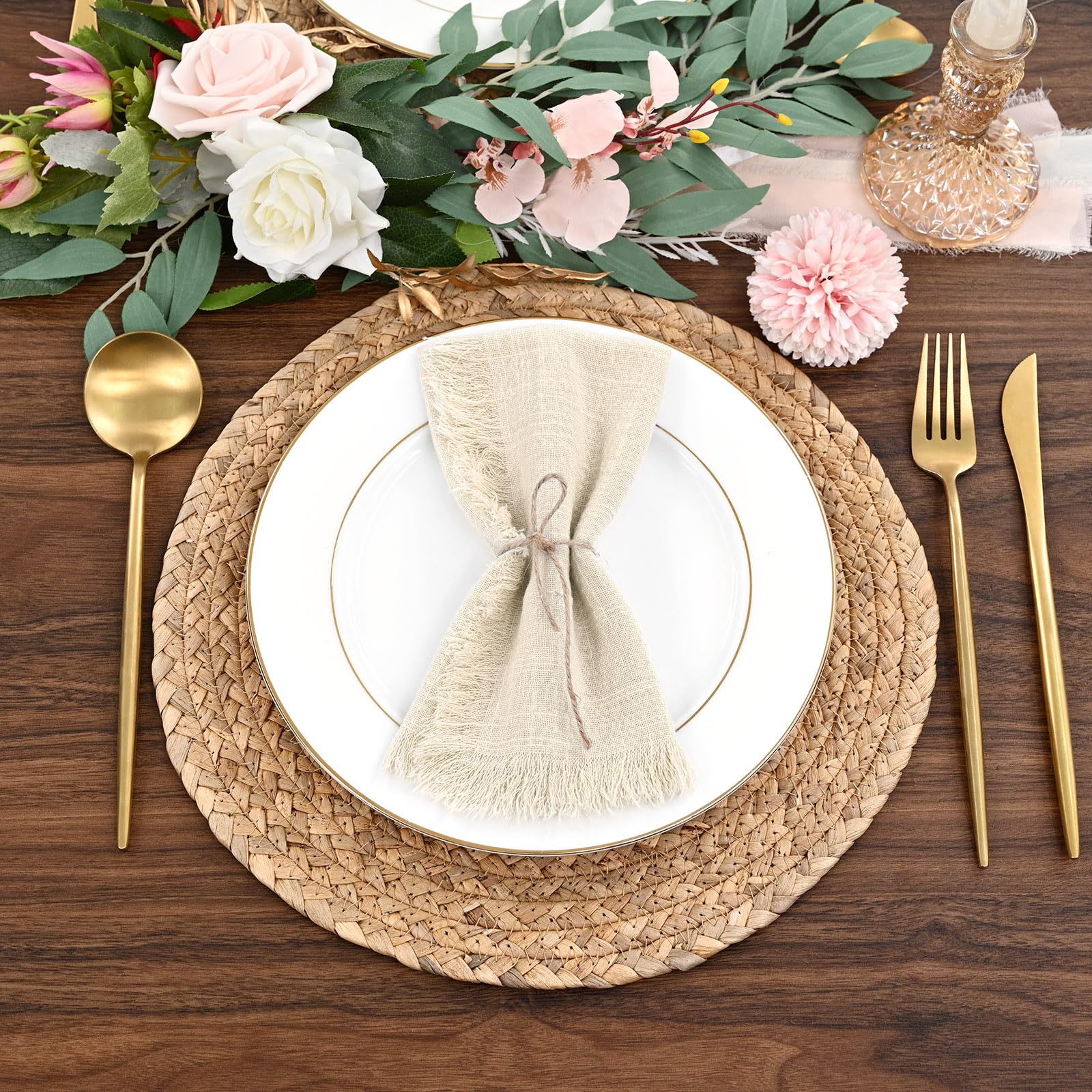 60 Pack Cotton Linen Napkins 16 x 16 Inch Linen Napkins Cloth Handmade with Fringe Soft Cloth Napkins Washable Rustic Dinner Napkins Cloth for Wedding Party Dinner Table(Natural)