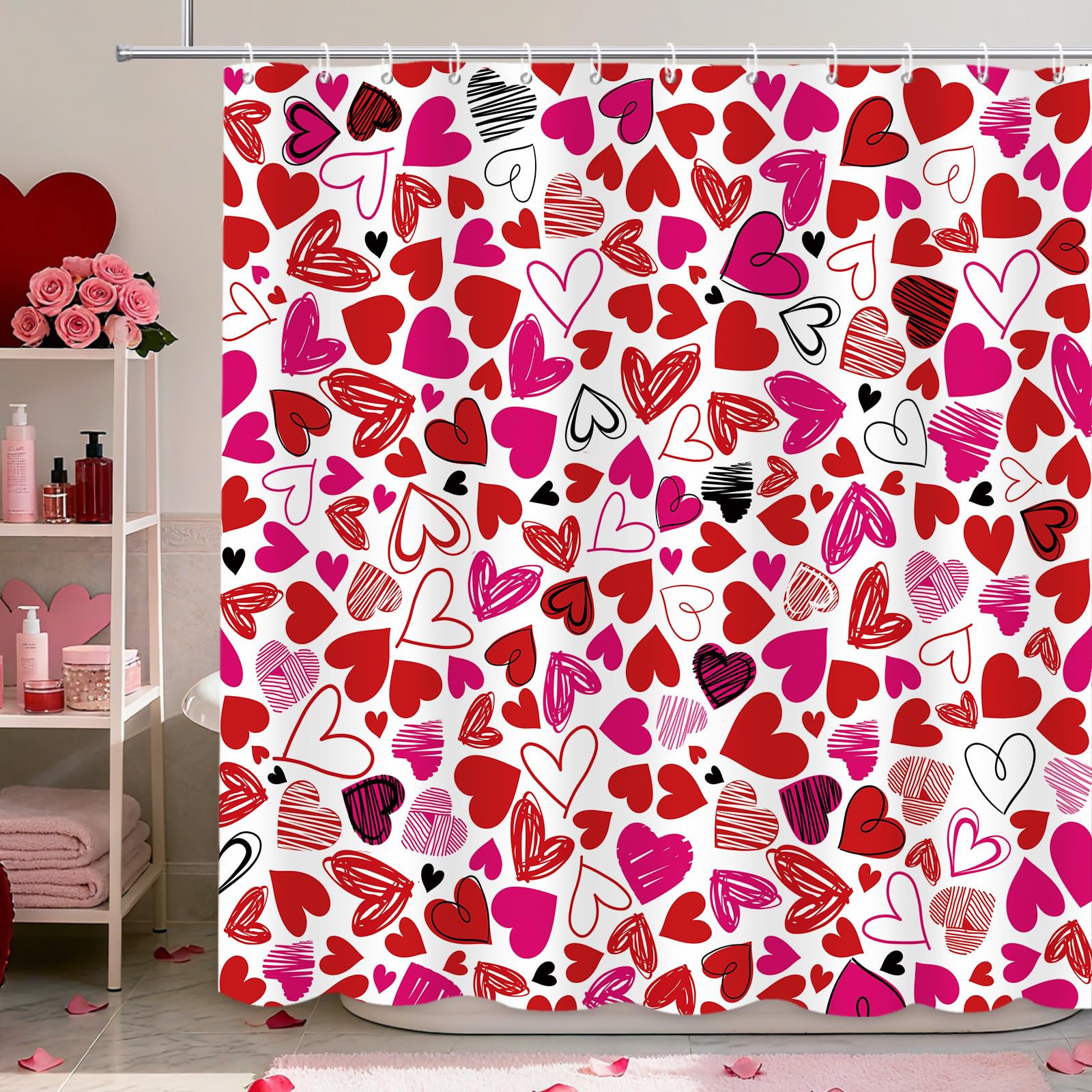 MEHOFOND Valentines Day Shower Curtain Doodle Style Hearts Valentine's Day Shower Curtain for Bathroom Romantic Red Pink Black Love Bathtub Decor Fabric Waterproof Washable Bath Curtain 72x72 Inch