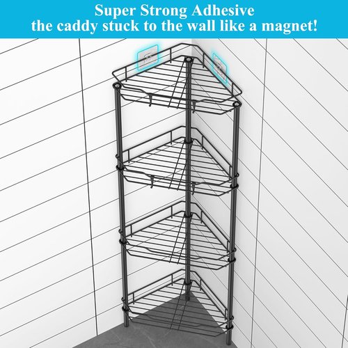 HuggieGems Corner Shower Caddy Organizer - 4 Tier Floor Stand with Hooks | Black Bathroom Shelf Rack
