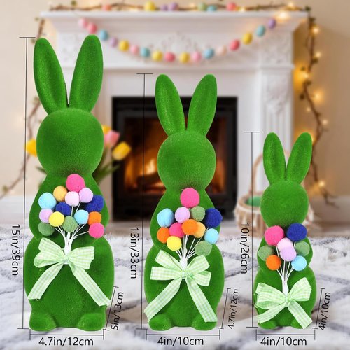 BrilliantJo Moss Bunny Figurines - Cute Spring Decor Gift Set of 3 (15", 13", 10") for Home & Garden