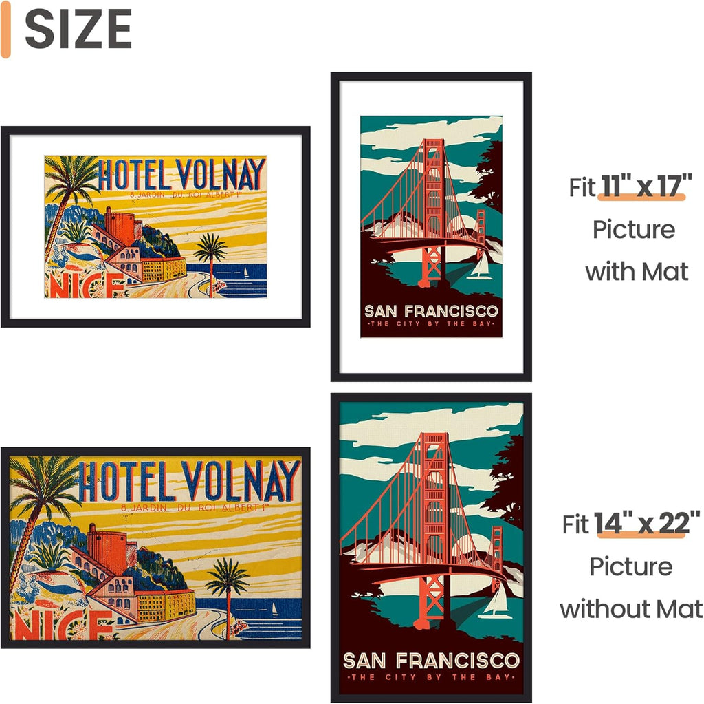 Upsimples 14x22 Picture Frame - Versatile Display for 11x17 Photos with Mat | Black, 1 Pack
