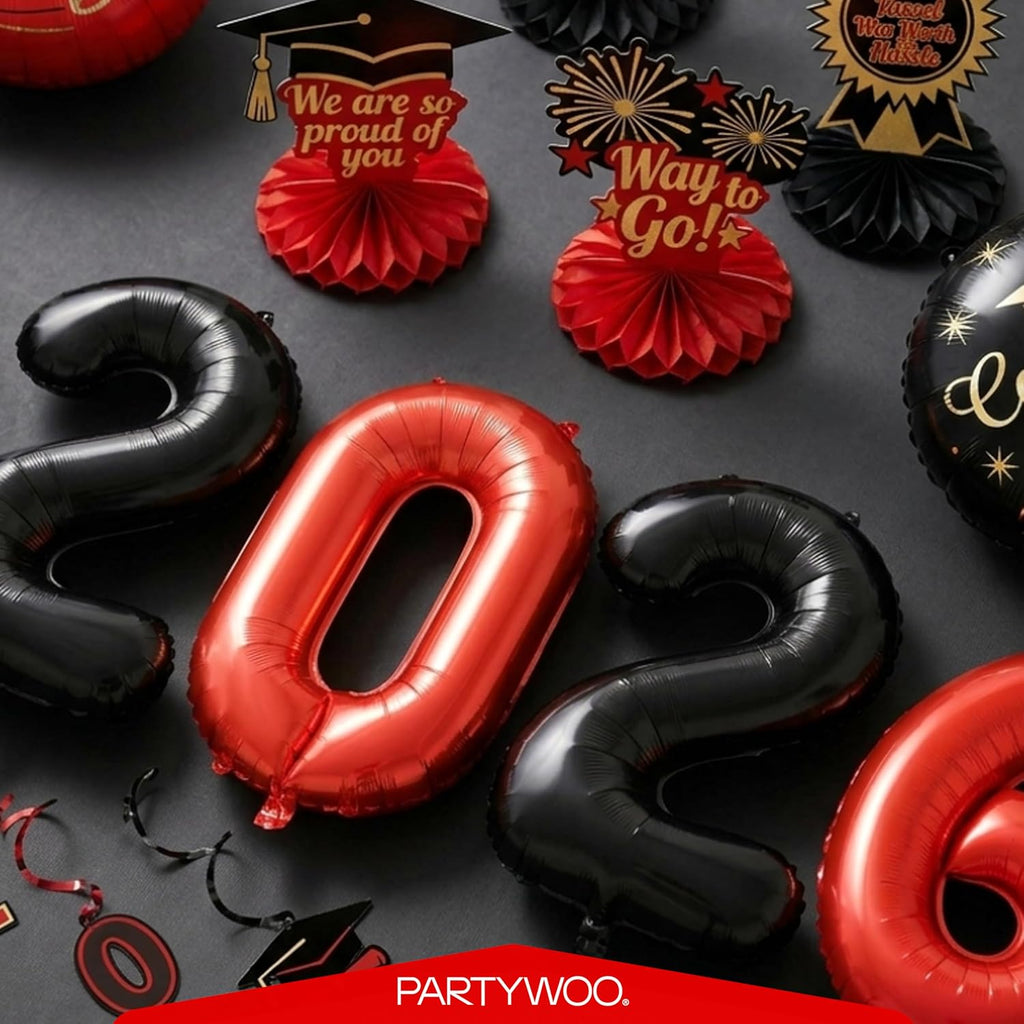 PartyWoo Graduation Balloons - Class of 2026 Black, Red & Gold Foil Number Balloons | 12pcs, 40 Inch & 18 Inch Mylar Decor