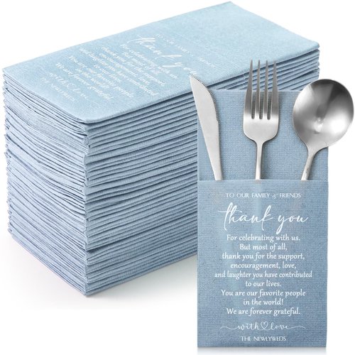 Qilery 100 Plain Thank You Wedding Napkins Cocktail Napkins Newlyweds to Family Friends Guests with Built in Flatware Pocket Tissues Bridal Shower Rehearsal Dinner Party Supply(Haze Blue)