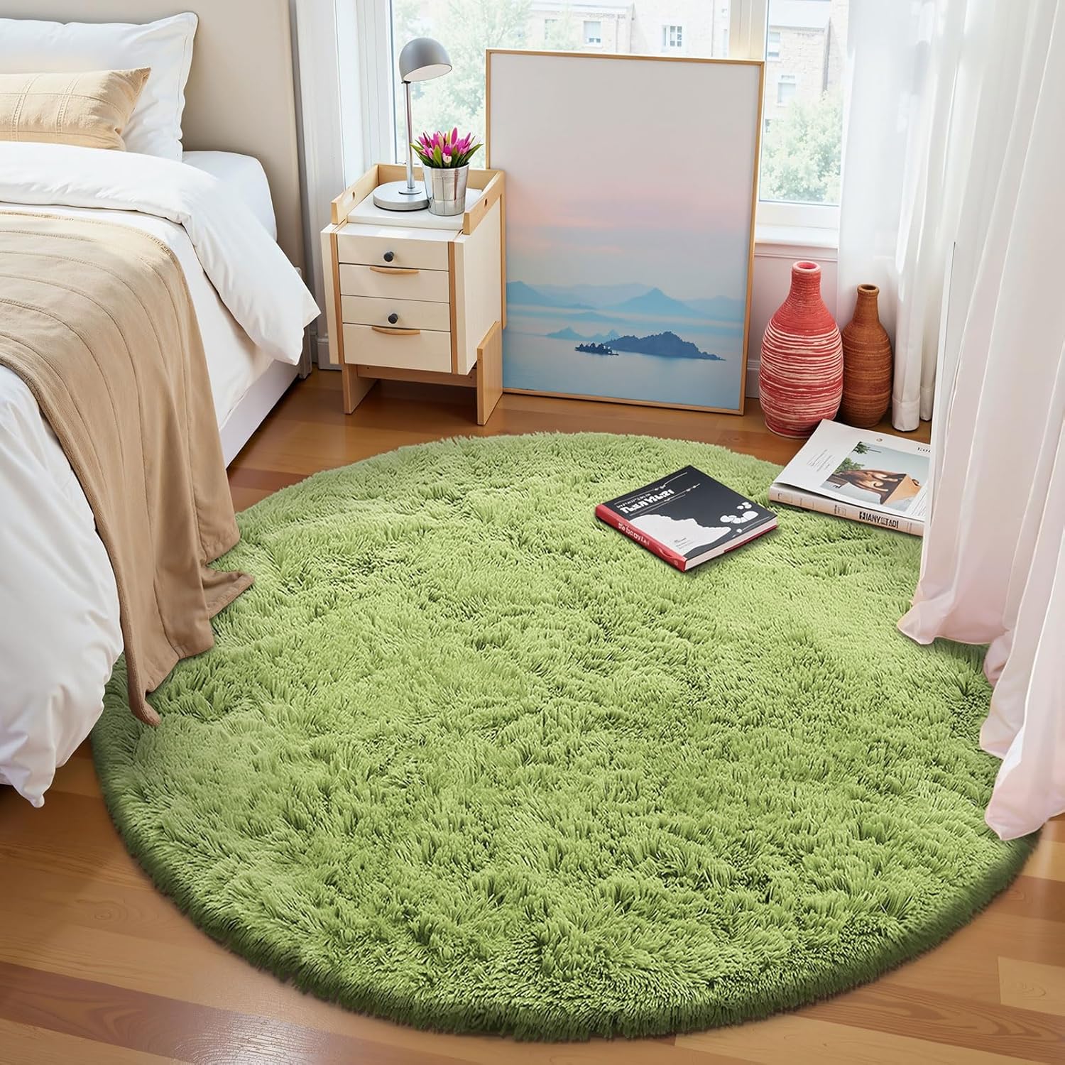 OLANLY Round Grass Green Area Rug - Soft, Fluffy, Machine Washable 6 ft Carpet for Bedroom & Living Room Decor