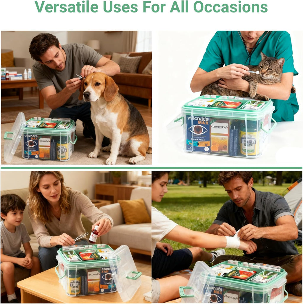 UNITED FLAMES Medicine Storage Box - 2-Pack Clear Organizer with Locking Lid & Removable Tray for Home & Pet Care