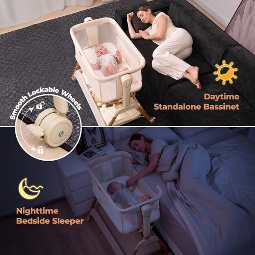 Ezebaby Baby Bassinet - 3-in-1 Rocking Bedside Sleeper with Breathable Full-Mesh Crib | 6 Height Adjustable, Portable with Lockable Wheels
