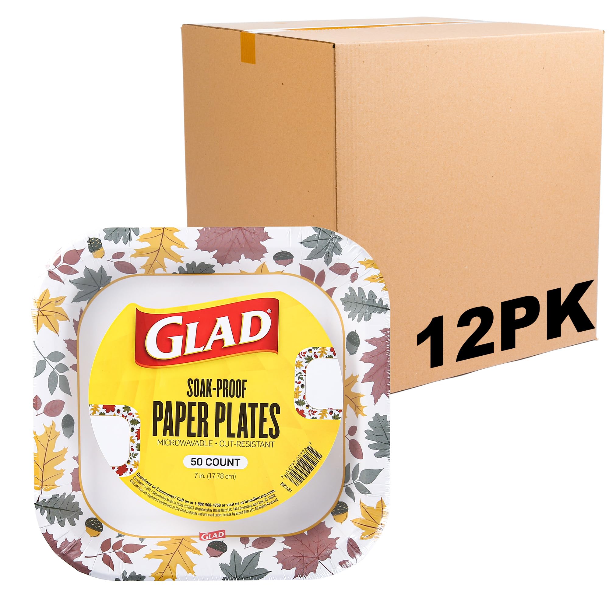 Glad Everyday Square Disposable Paper Plates with Falling Foliage Design, Small | Cut-Resistant, Microwavable Paper Plates for All Foods & Daily Use | 7 Inches, 50 Count - 12 Pack