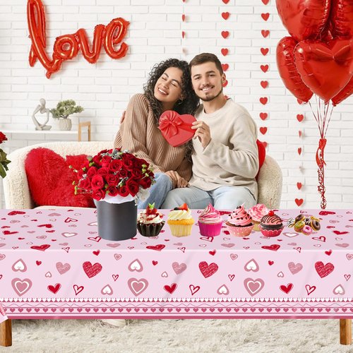 DUYIY Valentine's Day Table Cover 3 Pcs Pink Heart Print Tablecloth for Home Kitchen Dining Party Decor, Holiday Celebration, 54" x 108"