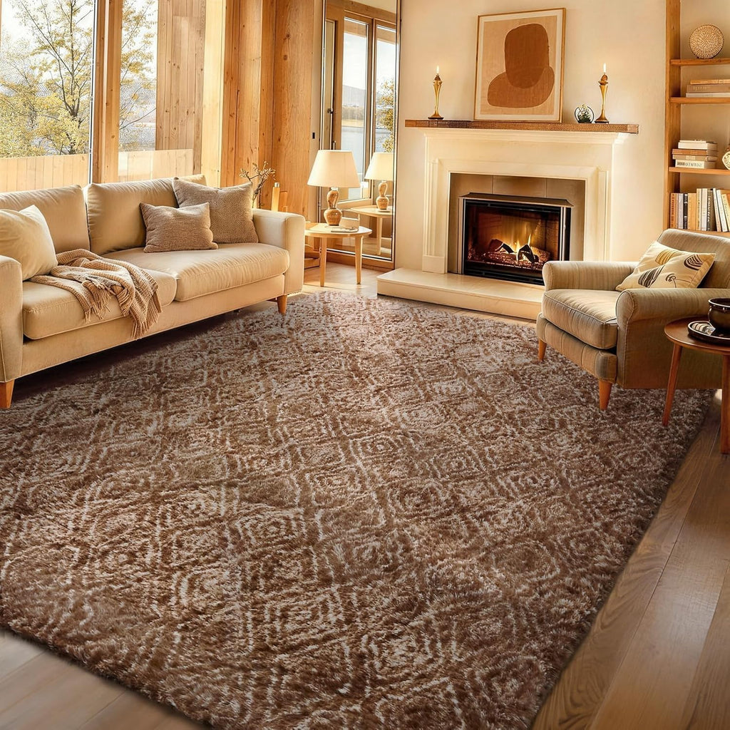 Ophanie Brown & White Diamond Striped Area Rug - Fluffy Shag Soft Carpet for Living Room 9x12