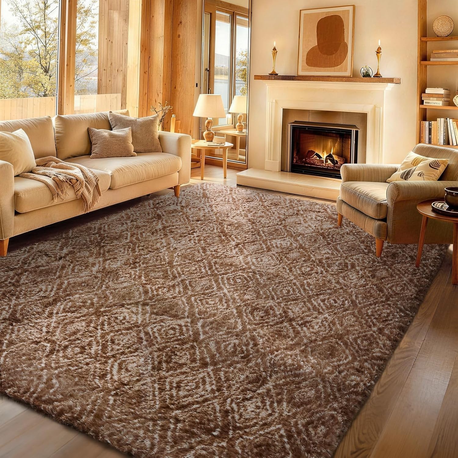 Ophanie Brown & White Diamond Striped Area Rug - Fluffy Shag Soft Carpet for Living Room 9x12