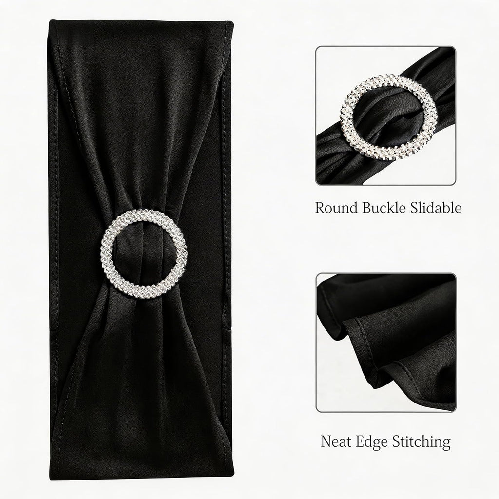 Skiennix 50 Pack Black Spandex Chair Sashes - Elegant Buckles for Weddings & Events