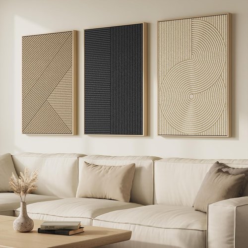 Framed 3D Textured Boho Abstract Wall Art - Large 3 Piece Modern Neutral Decor | Black & Beige Geometric Prints, 24x36 In