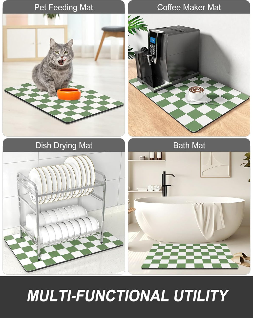 Rnivvi Dish Drying Mat - Absorbent Non-Slip Draining Pad for Kitchen | 12 x 19 Inches, Green & White Checkered