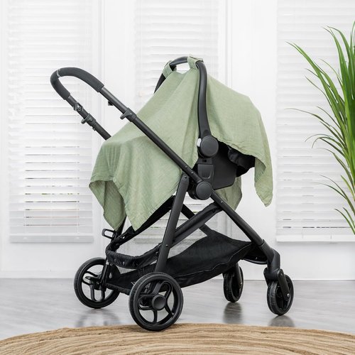 Comfy Cubs Baby Car Seat Cover - Soft Bamboo Rayon & Muslin Blend - Lightweight Sage Canopy for Sun & Bug Protection